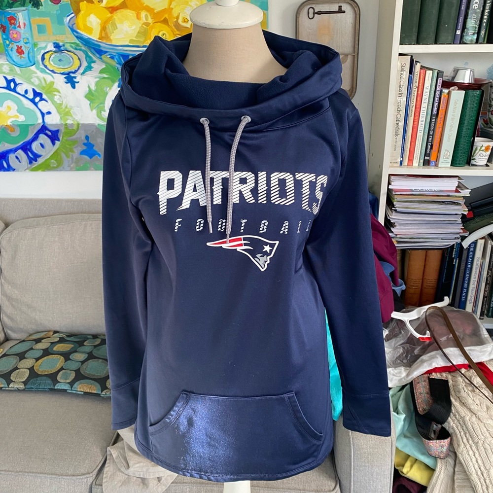 Patriots Hooded Cowl Neck Sweatshirt M Fleece Lined Navy Blue Red VGUC